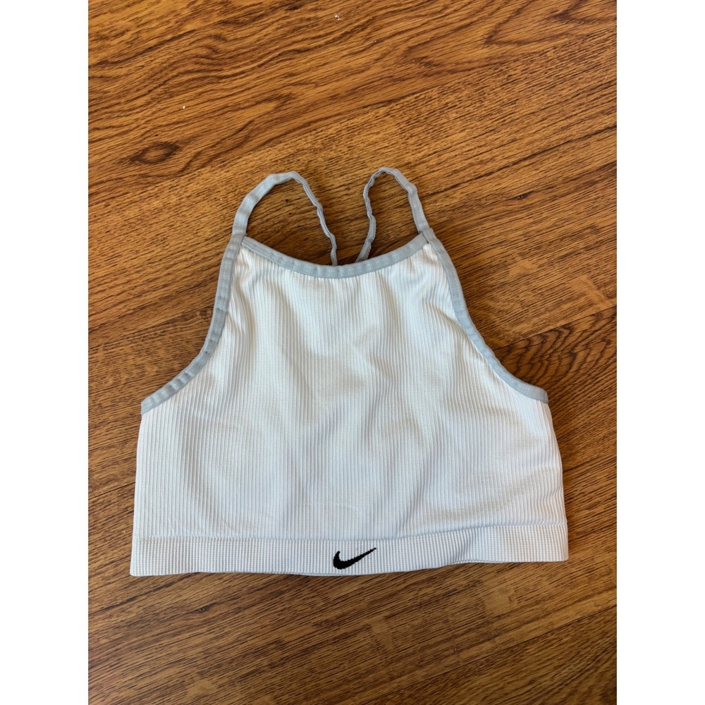 Nike Dri-FIT Athletic Ribbed Halter Crop Top White Grey Strappy Back Medium